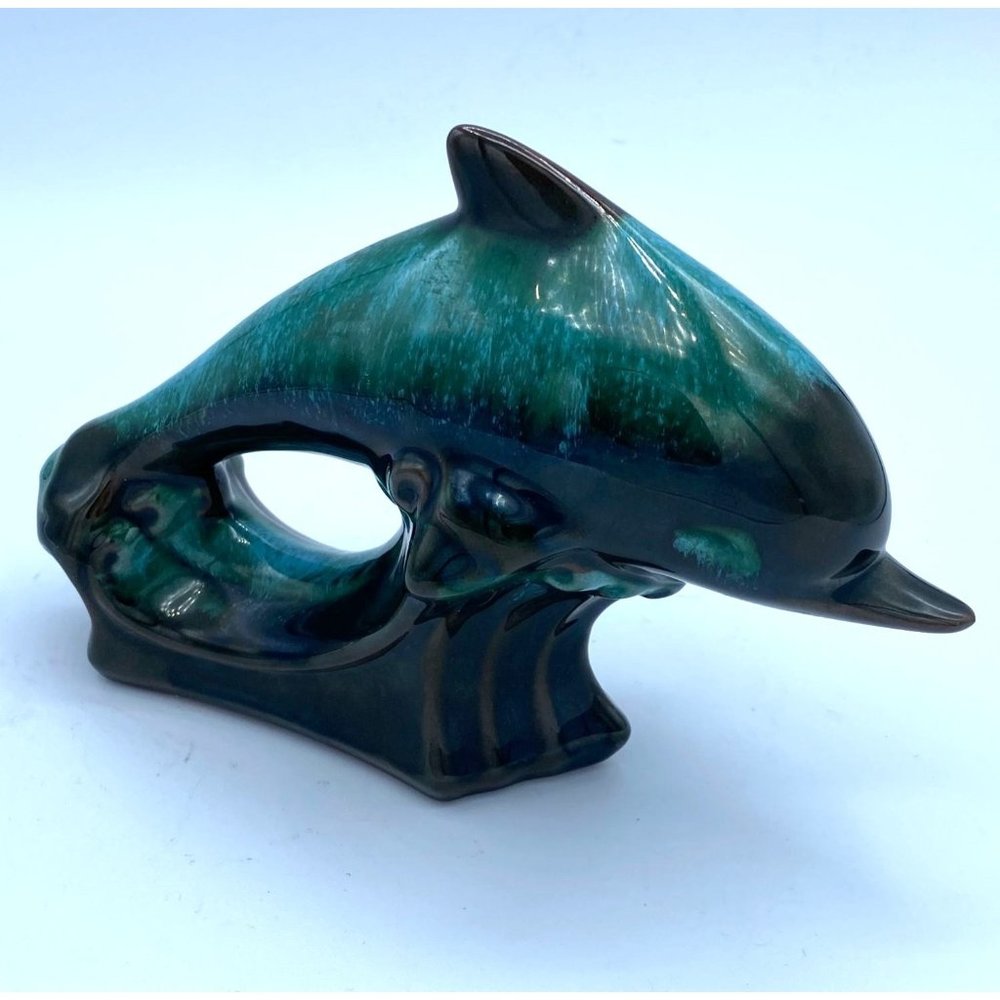 Vintage Blue Mountain Pottery Jumping Dolphin Blue Green Drip Ware 1970's